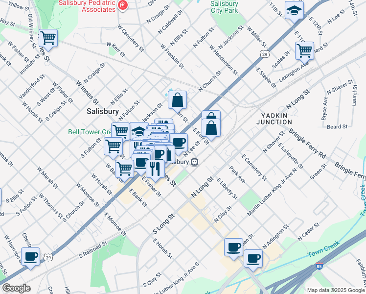 map of restaurants, bars, coffee shops, grocery stores, and more near 123 East Liberty Street in Salisbury