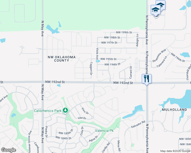 map of restaurants, bars, coffee shops, grocery stores, and more near 19409 Vista Avenue in Edmond