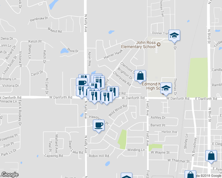map of restaurants, bars, coffee shops, grocery stores, and more near 608 Jasmine Place in Edmond