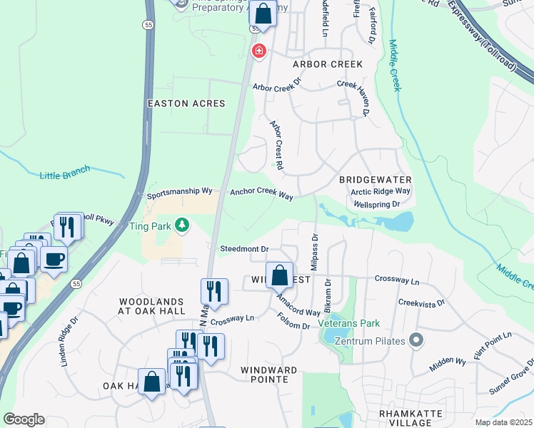 map of restaurants, bars, coffee shops, grocery stores, and more near 121 Cobalt Creek Way in Holly Springs