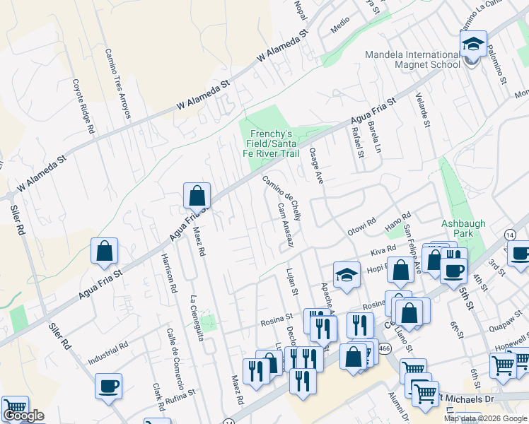 map of restaurants, bars, coffee shops, grocery stores, and more near 960 Camino Oraibi in Santa Fe