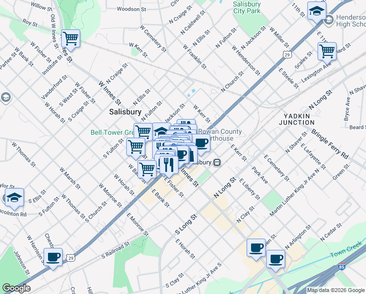 map of restaurants, bars, coffee shops, grocery stores, and more near 132 North Main Street in Salisbury