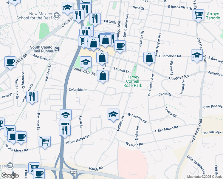 map of restaurants, bars, coffee shops, grocery stores, and more near 1467 Miracerros Loop North in Santa Fe