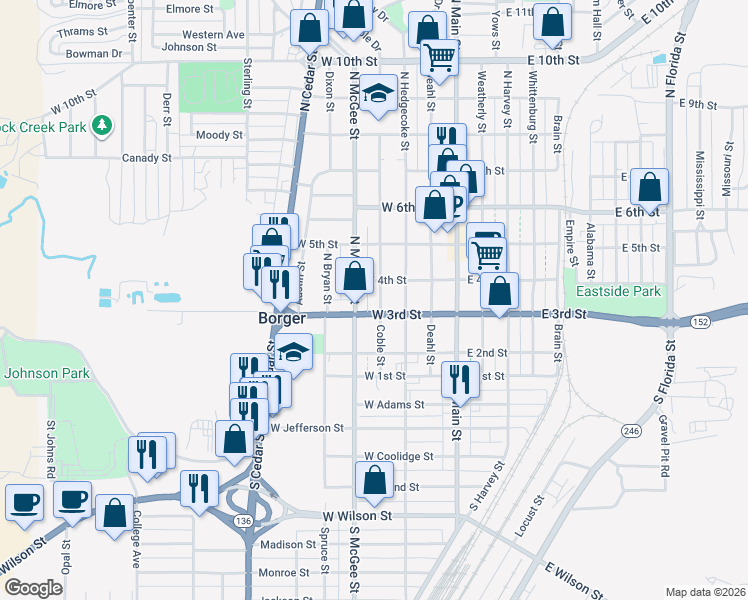 map of restaurants, bars, coffee shops, grocery stores, and more near 315 Coble Street in Borger