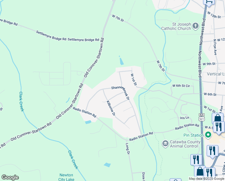 map of restaurants, bars, coffee shops, grocery stores, and more near 1117 Shannonbrook Dr in Newton