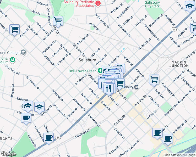 map of restaurants, bars, coffee shops, grocery stores, and more near 215 West Innes Street in Salisbury