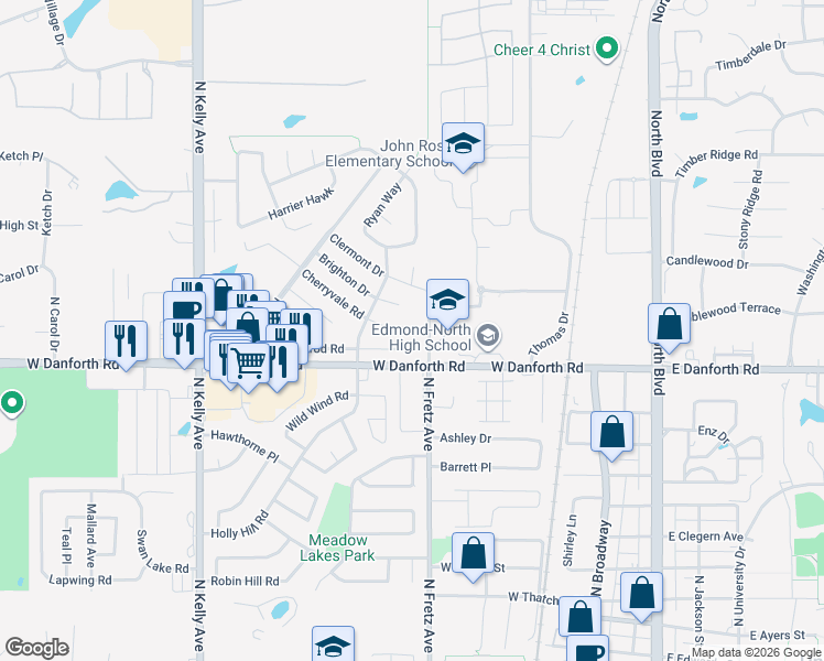 map of restaurants, bars, coffee shops, grocery stores, and more near 304 Cherryvale Road in Edmond