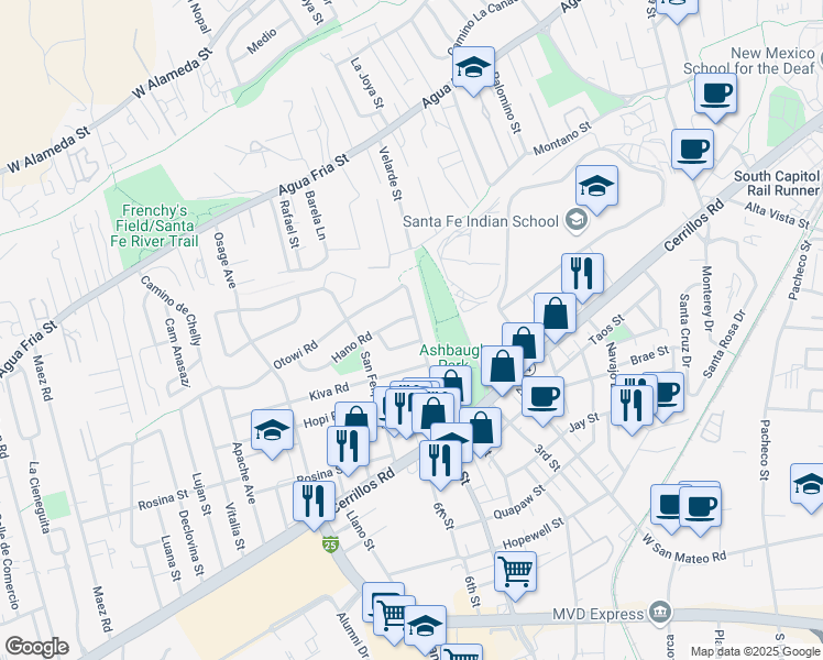 map of restaurants, bars, coffee shops, grocery stores, and more near 1220 San Jose Ave in Santa Fe