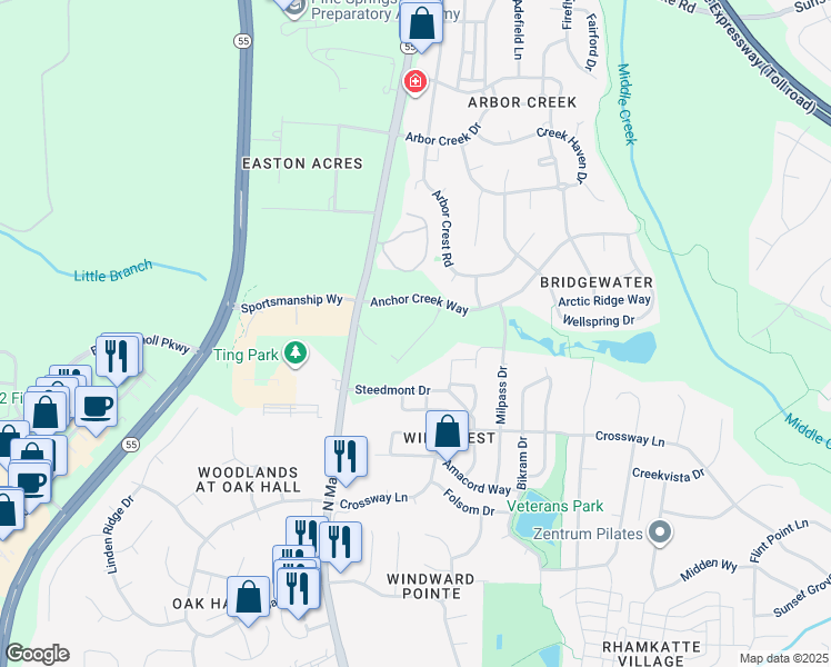 map of restaurants, bars, coffee shops, grocery stores, and more near 116 Cobalt Creek Way in Holly Springs