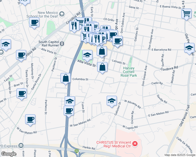 map of restaurants, bars, coffee shops, grocery stores, and more near 1421 Luisa Street in Santa Fe