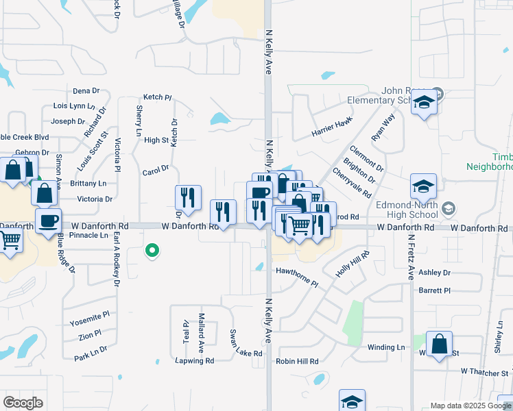 map of restaurants, bars, coffee shops, grocery stores, and more near 1401 North Kelly Avenue in Edmond