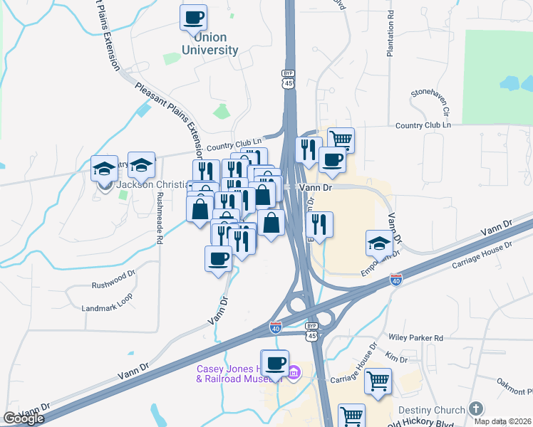 map of restaurants, bars, coffee shops, grocery stores, and more near 1032a Vann Drive in Jackson