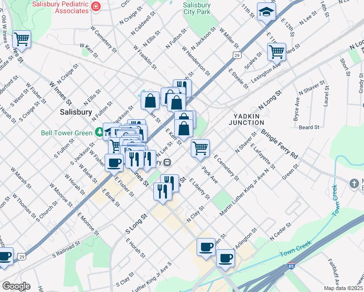 map of restaurants, bars, coffee shops, grocery stores, and more near East Kerr Street in Salisbury