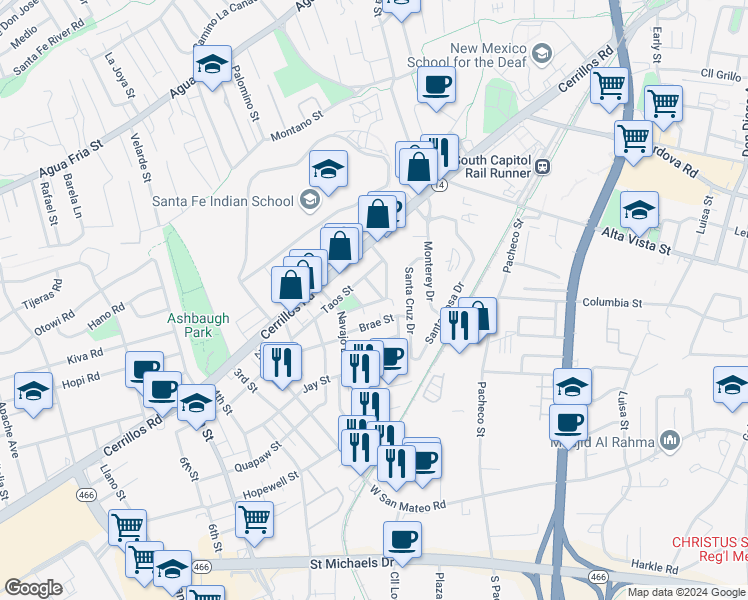 map of restaurants, bars, coffee shops, grocery stores, and more near 318 Tesuque Drive in Santa Fe