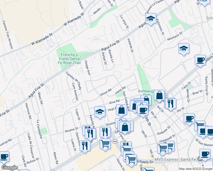 map of restaurants, bars, coffee shops, grocery stores, and more near 1930 Tijeras Rd in Santa Fe