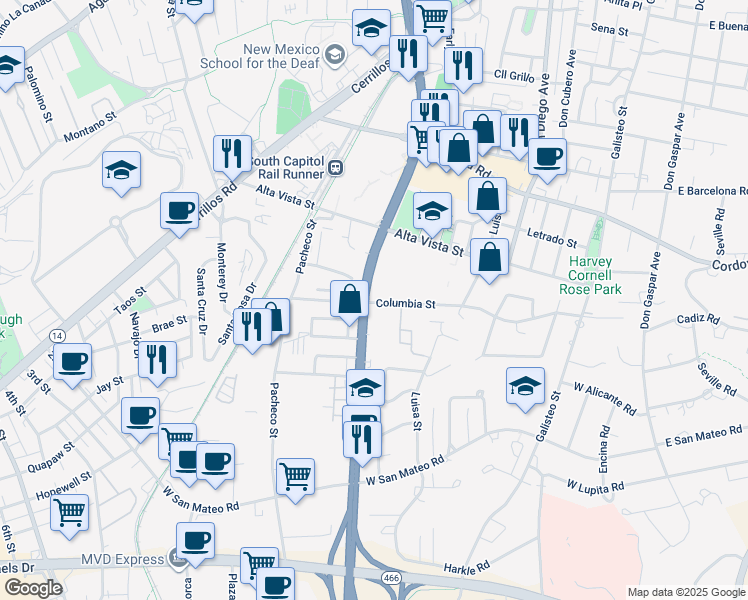 map of restaurants, bars, coffee shops, grocery stores, and more near 737 Columbia Street in Santa Fe