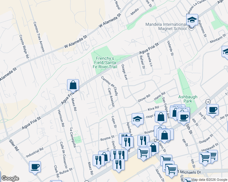 map of restaurants, bars, coffee shops, grocery stores, and more near 968 Camino de Chelly in Santa Fe
