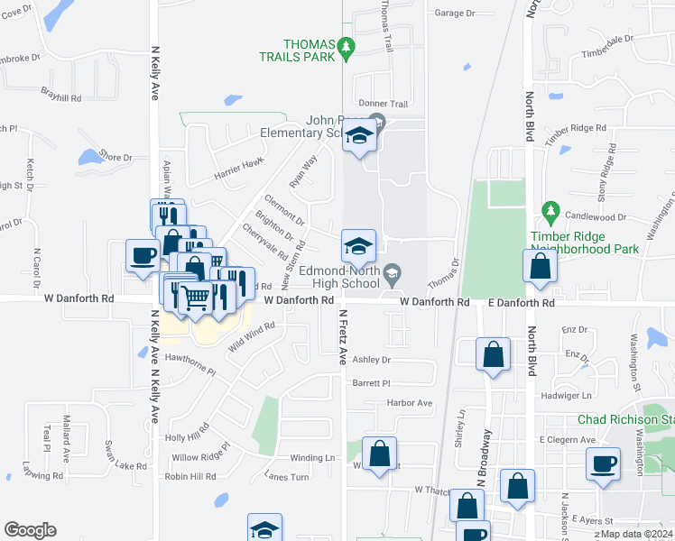 map of restaurants, bars, coffee shops, grocery stores, and more near 1403 Fretz Avenue in Edmond