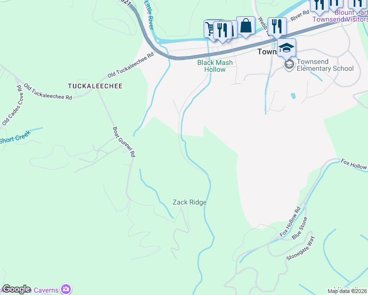 map of restaurants, bars, coffee shops, grocery stores, and more near 257 Black Mash Hollow Road in Townsend
