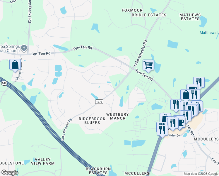 map of restaurants, bars, coffee shops, grocery stores, and more near 8080 Lake Wheeler Road in Fuquay-Varina