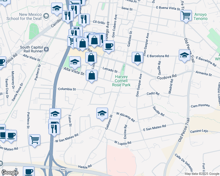 map of restaurants, bars, coffee shops, grocery stores, and more near 1409 Miracerros Lane North in Santa Fe