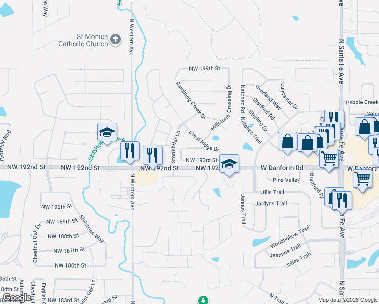 map of restaurants, bars, coffee shops, grocery stores, and more near 804 Northwest 194th Terrace in Edmond