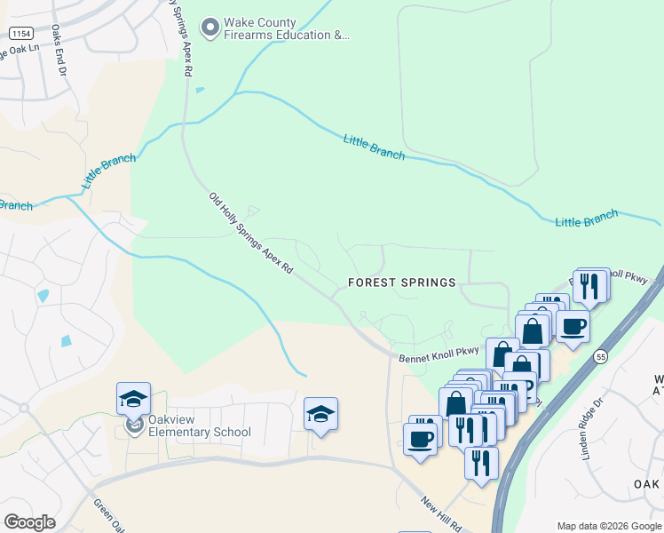 map of restaurants, bars, coffee shops, grocery stores, and more near 109 Cypress Hill Lane in Holly Springs