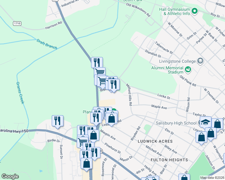 map of restaurants, bars, coffee shops, grocery stores, and more near 860 Jake Alexander Boulevard West in Salisbury