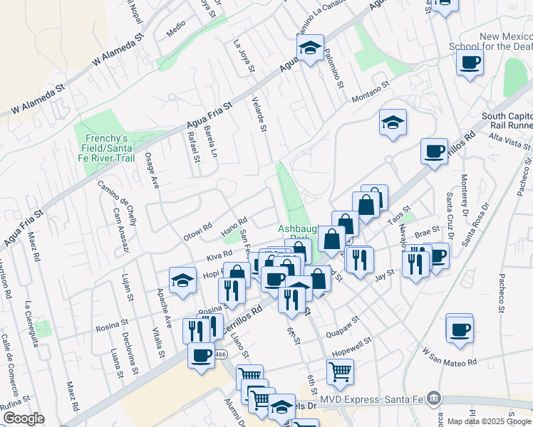 map of restaurants, bars, coffee shops, grocery stores, and more near 1220 San Jose Avenue in Santa Fe
