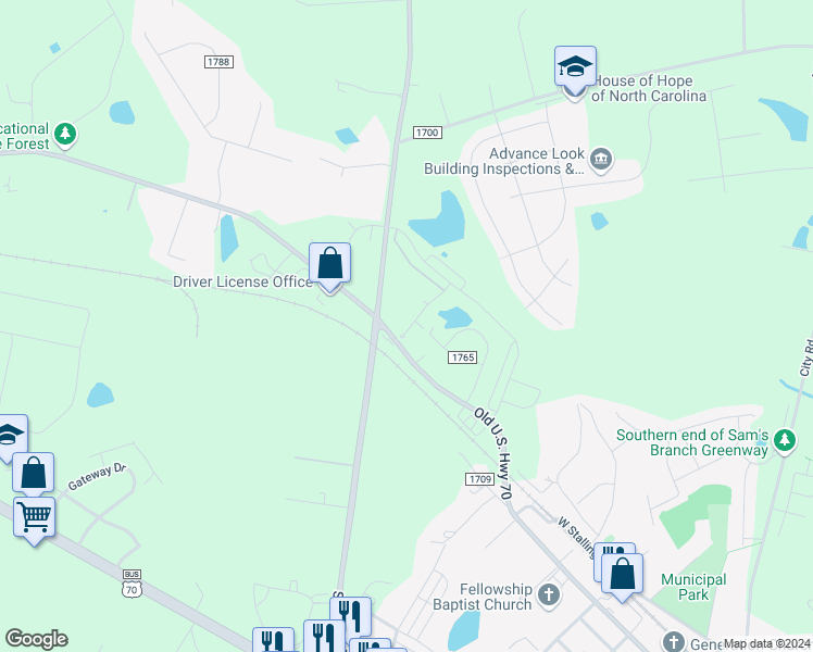 map of restaurants, bars, coffee shops, grocery stores, and more near 130 Wildflower Circle in Clayton