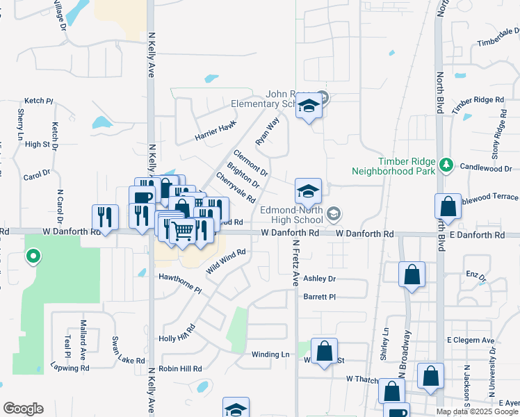 map of restaurants, bars, coffee shops, grocery stores, and more near 332 Cherryvale Road in Edmond