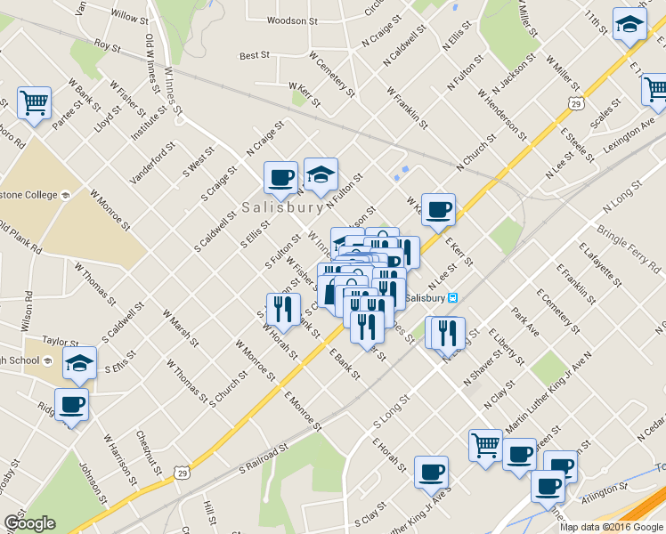 map of restaurants, bars, coffee shops, grocery stores, and more near 215 W Innes St in Salisbury