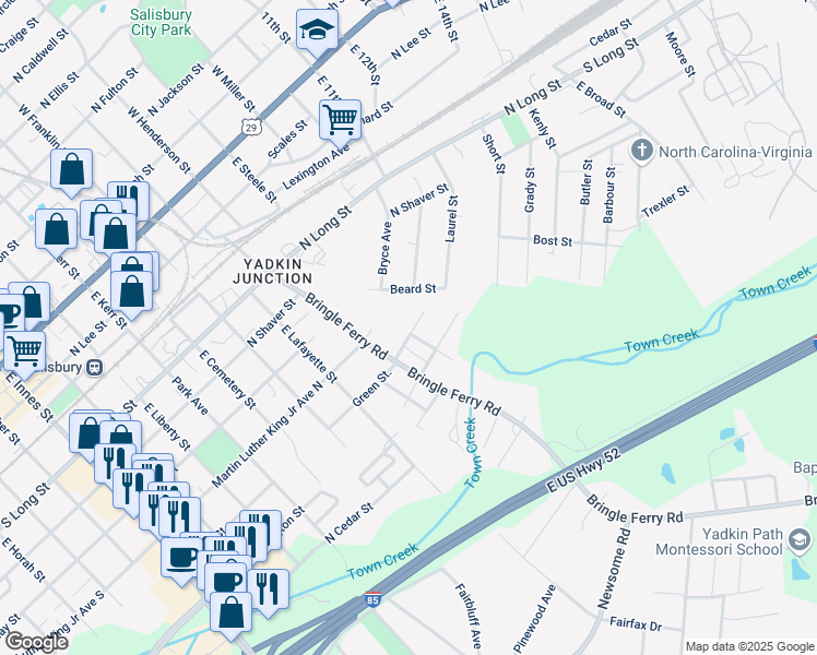 map of restaurants, bars, coffee shops, grocery stores, and more near 900 North Green Street in Salisbury