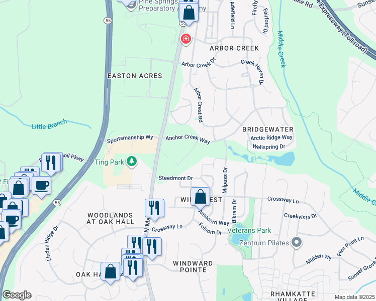 map of restaurants, bars, coffee shops, grocery stores, and more near 110 Cobalt Creek Way in Holly Springs