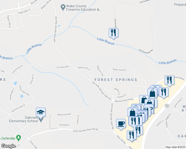 map of restaurants, bars, coffee shops, grocery stores, and more near 137 Cypress Hill Lane in Holly Springs
