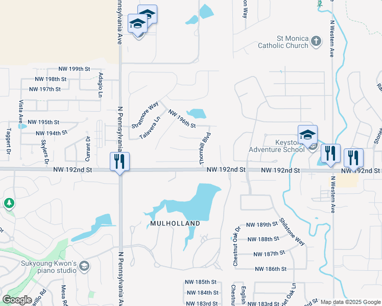 map of restaurants, bars, coffee shops, grocery stores, and more near 1706 Northwest 194th Circle in Edmond