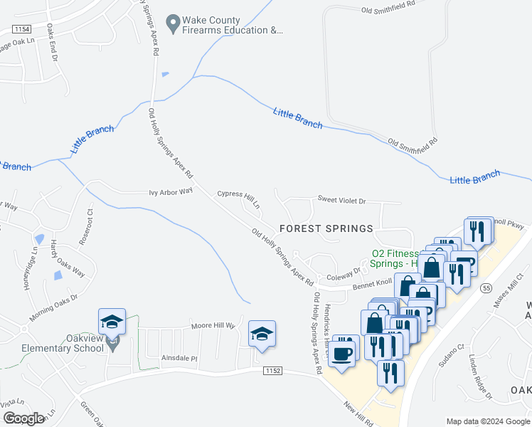 map of restaurants, bars, coffee shops, grocery stores, and more near 107 Cypress Hill Lane in Holly Springs