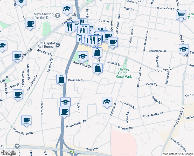 map of restaurants, bars, coffee shops, grocery stores, and more near 1421 Luisa Street in Santa Fe