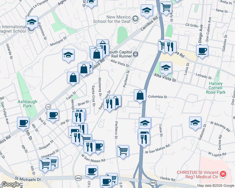 map of restaurants, bars, coffee shops, grocery stores, and more near 1500 Pacheco Street in Santa Fe