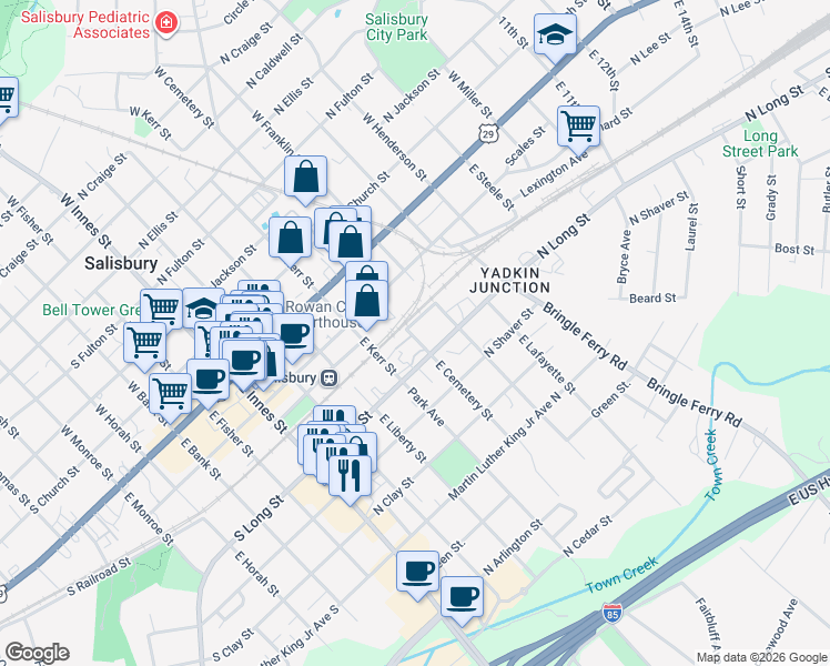 map of restaurants, bars, coffee shops, grocery stores, and more near 500 East Cemetery Street in Salisbury
