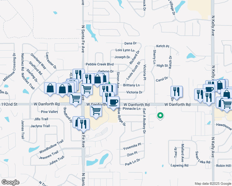 map of restaurants, bars, coffee shops, grocery stores, and more near 1405 Simon Avenue in Edmond