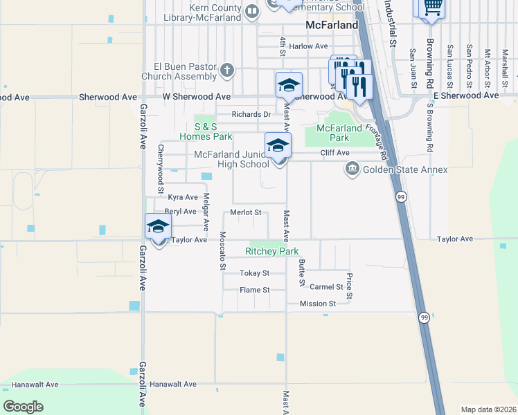 map of restaurants, bars, coffee shops, grocery stores, and more near 488 Merlot Street in McFarland
