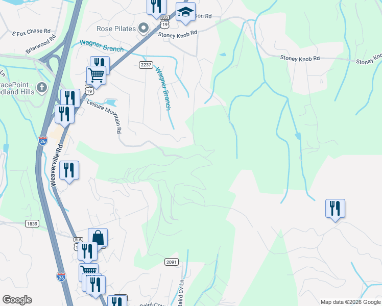 map of restaurants, bars, coffee shops, grocery stores, and more near 110 Leisure Mountain Road in Asheville
