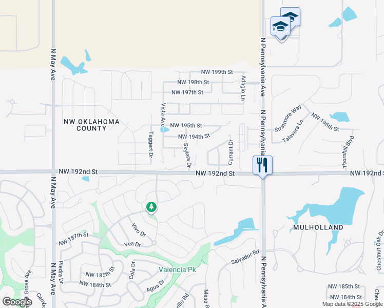 map of restaurants, bars, coffee shops, grocery stores, and more near 19417 Thomas Court in Edmond