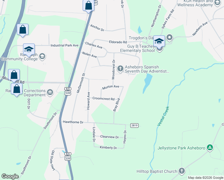 map of restaurants, bars, coffee shops, grocery stores, and more near 778 Bray Boulevard in Asheboro