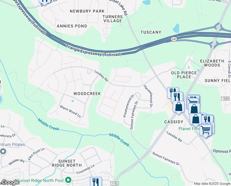 map of restaurants, bars, coffee shops, grocery stores, and more near 109 Oaken Place in Apex