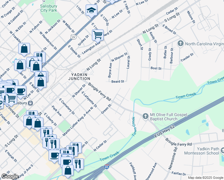 map of restaurants, bars, coffee shops, grocery stores, and more near 816 North Green Street in Salisbury
