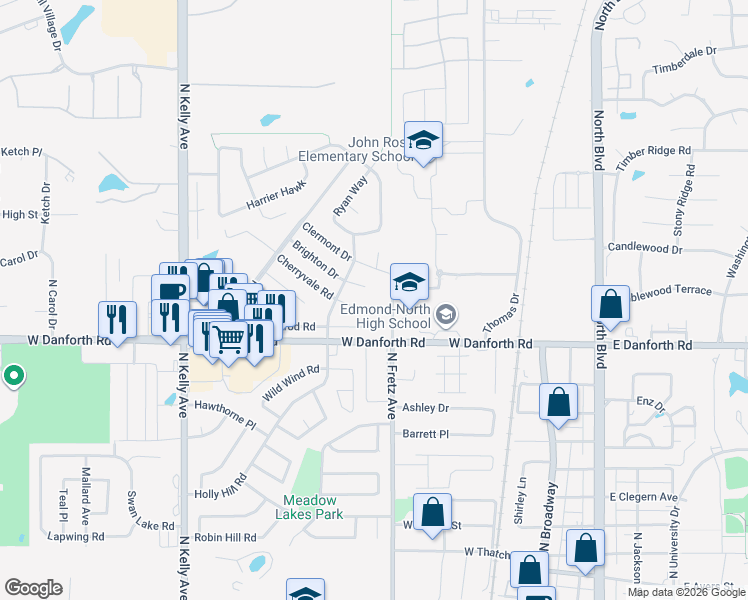 map of restaurants, bars, coffee shops, grocery stores, and more near 305 Cherryvale Road in Edmond