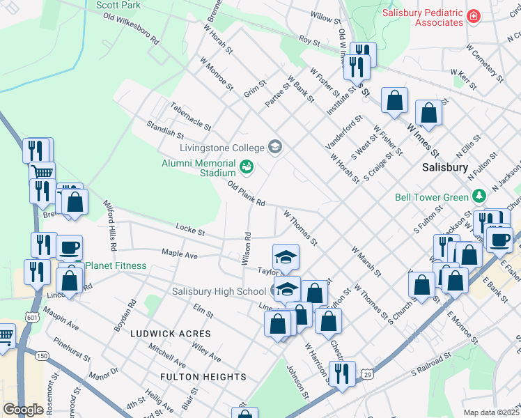 map of restaurants, bars, coffee shops, grocery stores, and more near 919 Old Plank Road in Salisbury