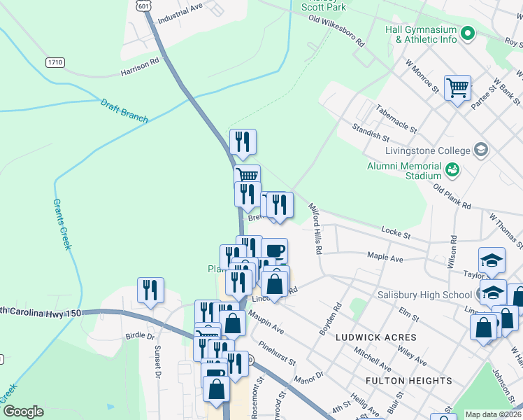 map of restaurants, bars, coffee shops, grocery stores, and more near 860 Jake Alexander Boulevard West in Salisbury